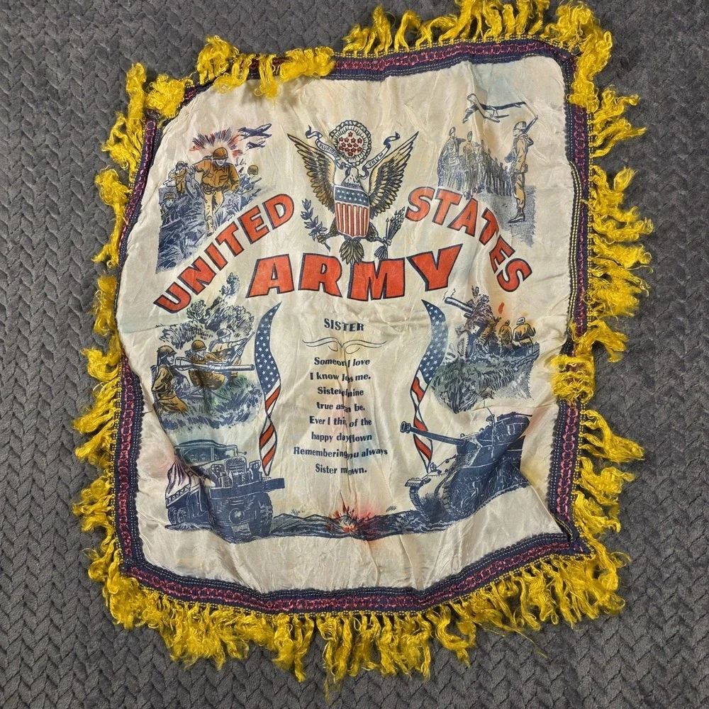 Vintage WWII United States Army Sister Souvenir Pillow Cover Fringe 15.5‎ x 18